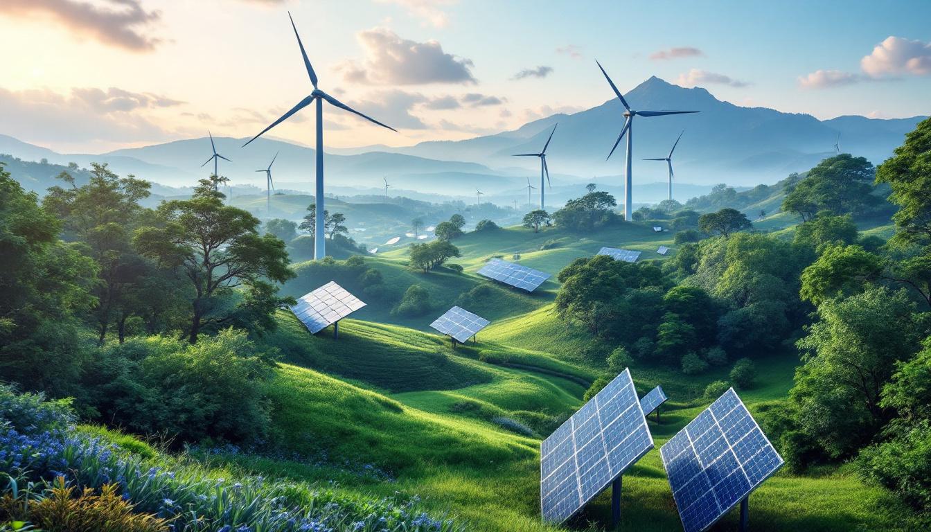 A photograph of a serene landscape where nature intertwines with technology
