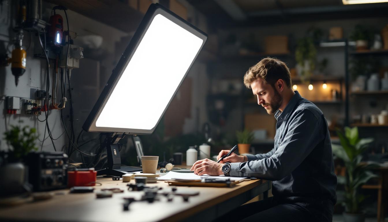 A photograph of a portable fluorescent light in use within a workspace