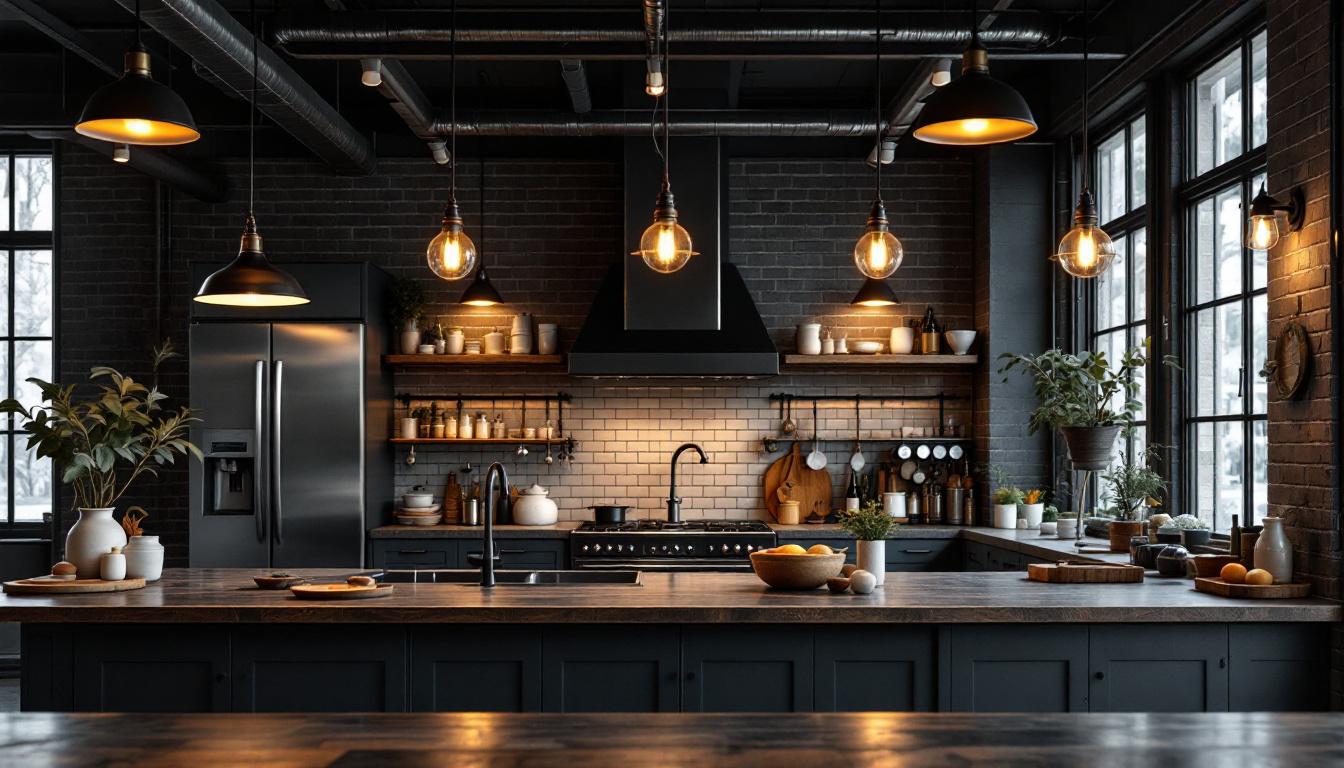 A photograph of a well-designed industrial kitchen featuring a variety of stylish light fixtures that highlight the space's functionality and aesthetic