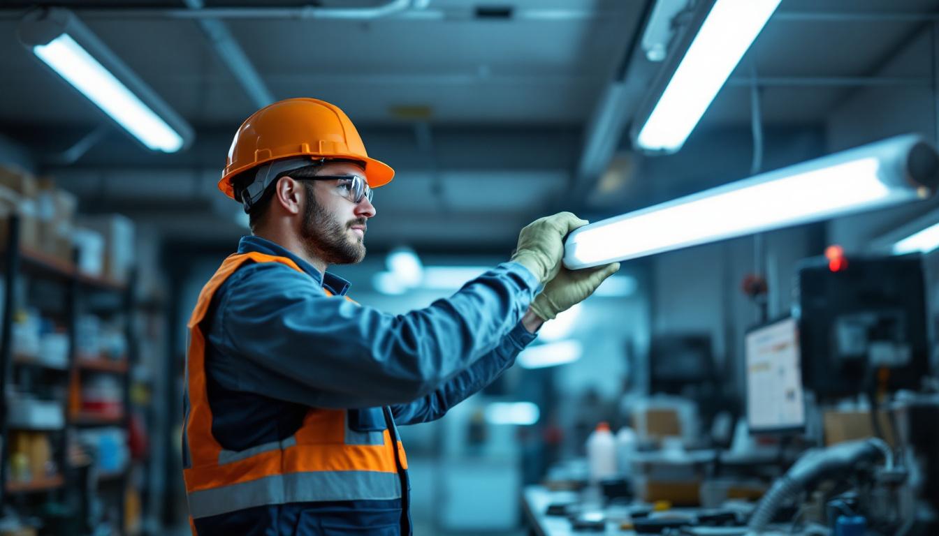 A photograph of a technician skillfully replacing a fluorescent tube light in a well-lit workspace