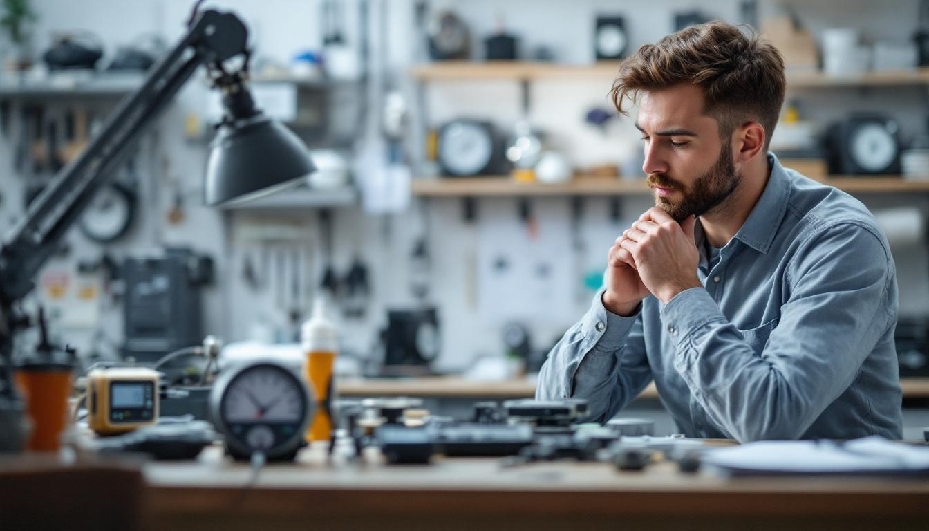 A photograph of a well-organized workspace featuring various types of timers and engineering tools