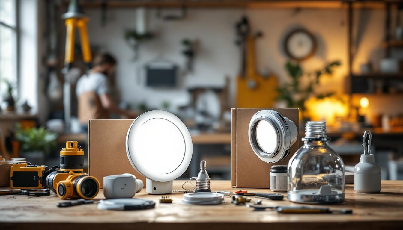 A photograph of a well-lit workspace showcasing various led retrofit kits alongside tools and a partially assembled lighting fixture