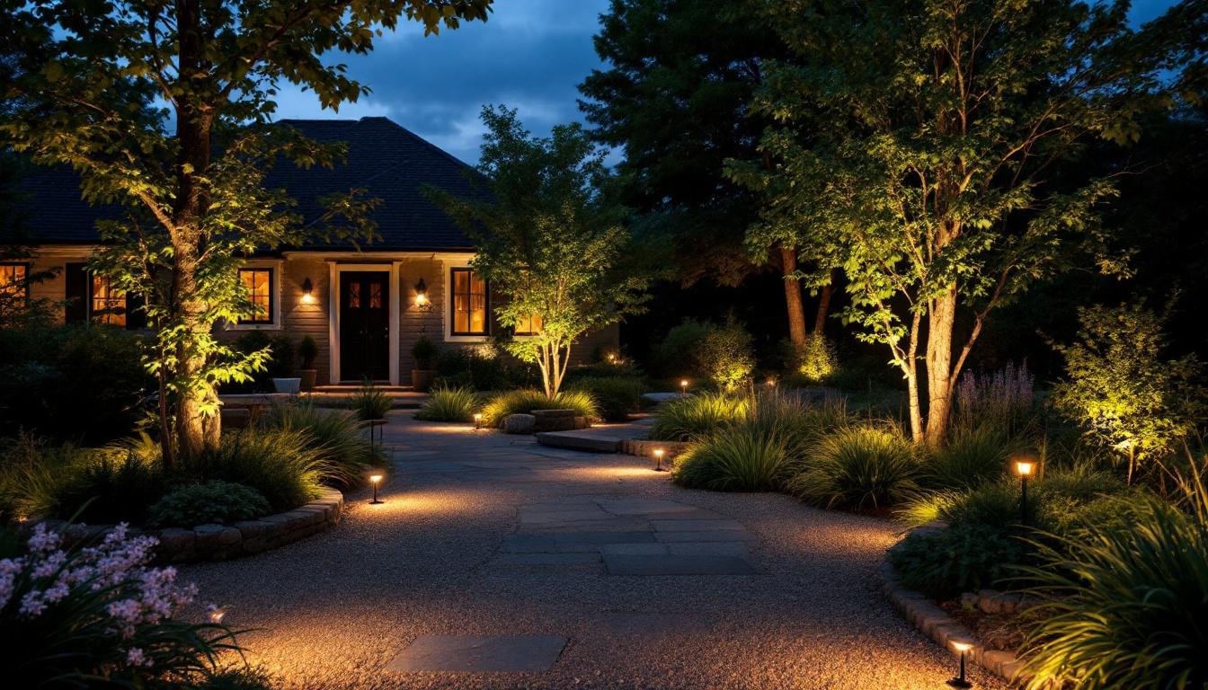 A photograph of a beautifully illuminated outdoor space featuring satco landscape lighting