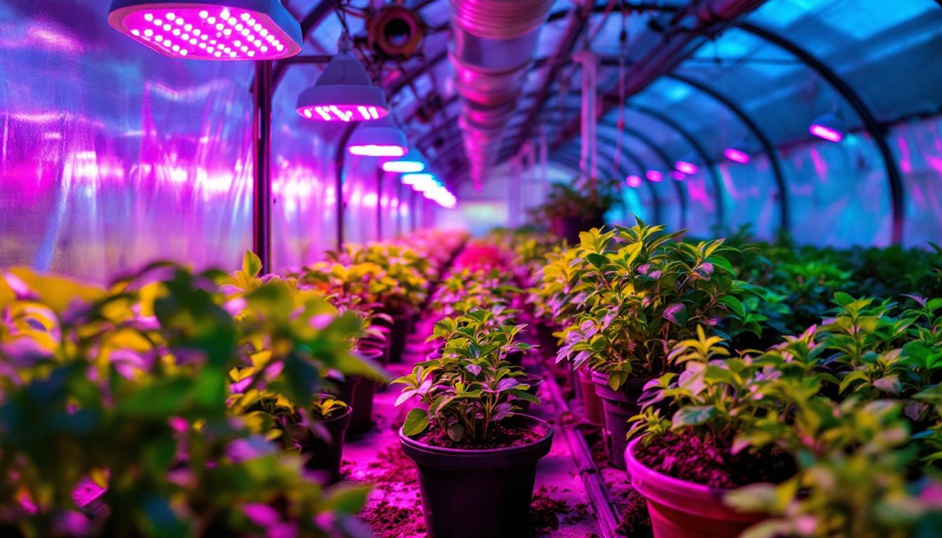 A photograph of a vibrant greenhouse illuminated by an array of energy-efficient grow lights