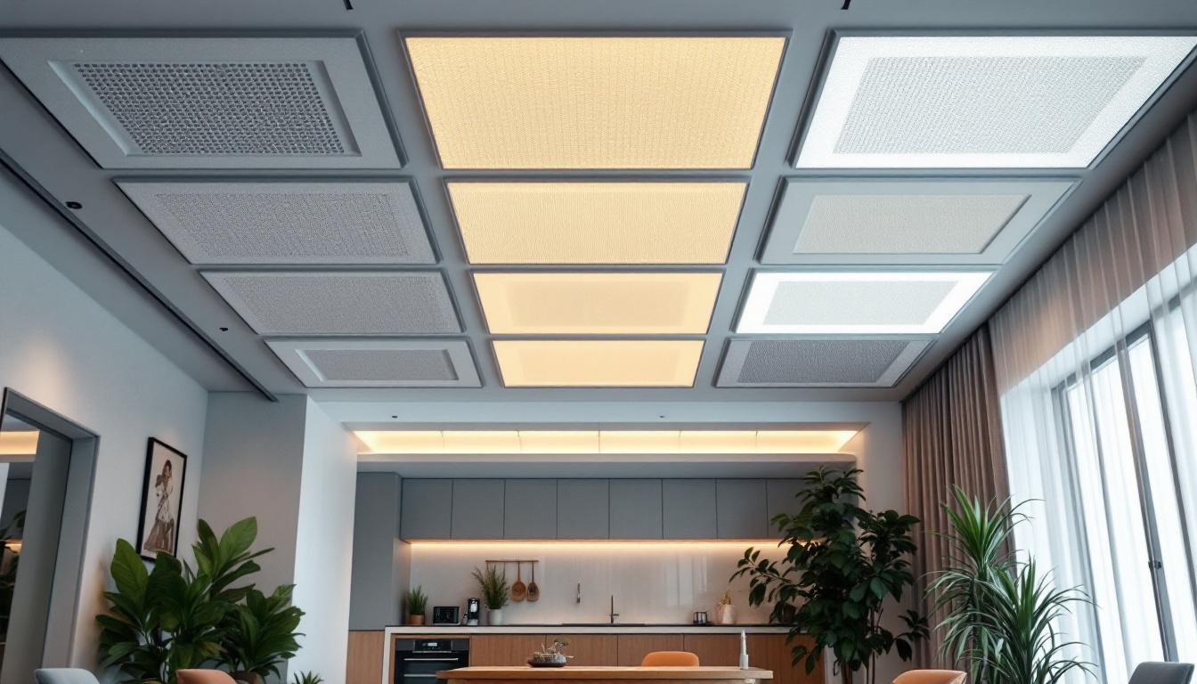 A photograph of a well-lit interior space featuring various ceiling panel designs that enhance the lighting system