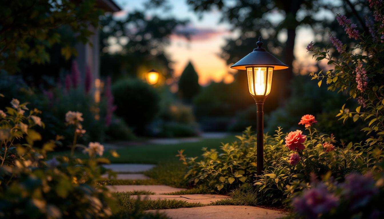 A photograph of a beautifully designed garden light lamp illuminating a lush garden scene at dusk