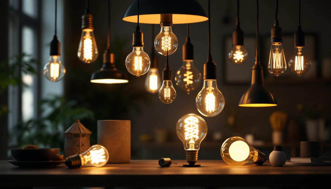 A photograph of a variety of light fixtures and bulbs in a well-lit setting