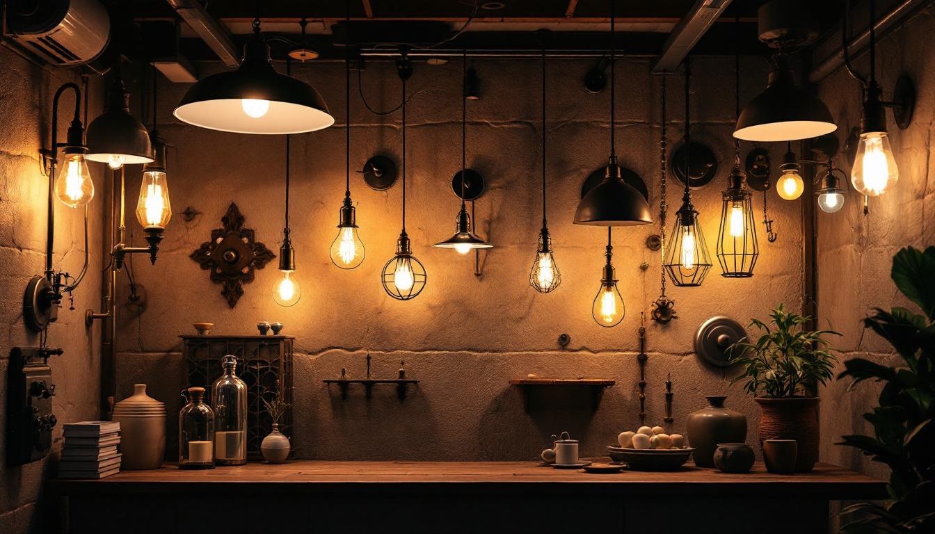 A photograph of a well-lit interior space showcasing various types of lighting fixtures