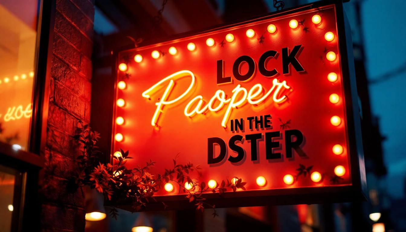 A photograph of a well-lit sign at dusk or nighttime