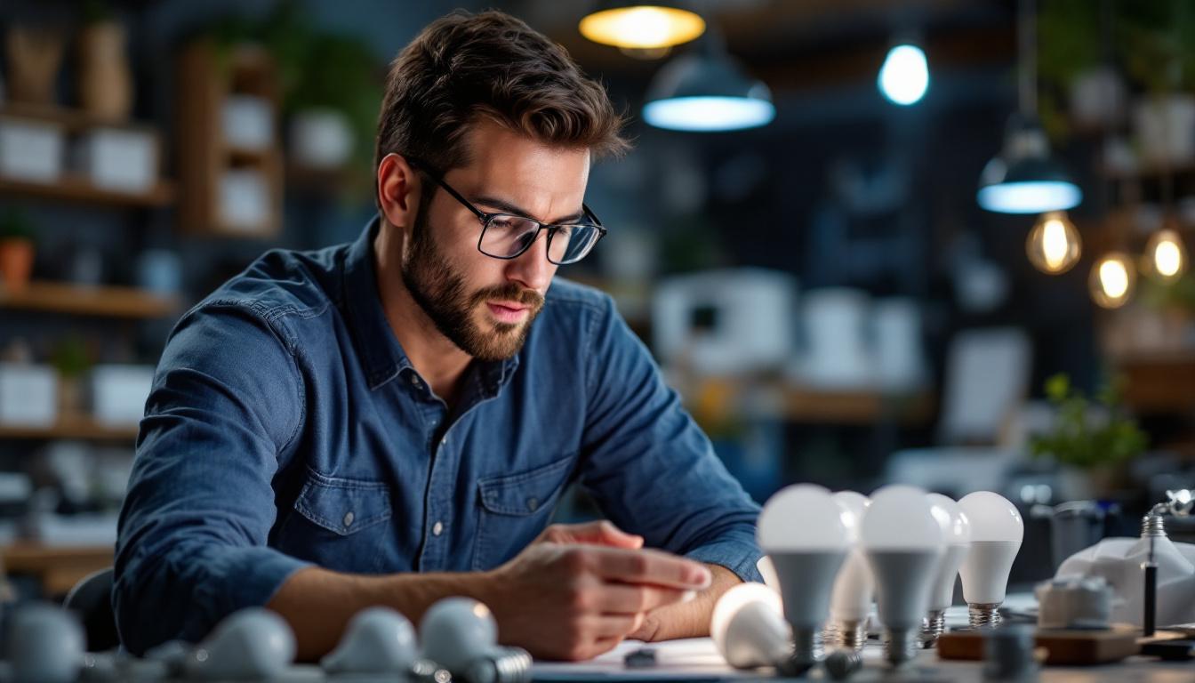 A photograph of a close-up shot of an electrical engineer examining a variety of led light bulbs on sale