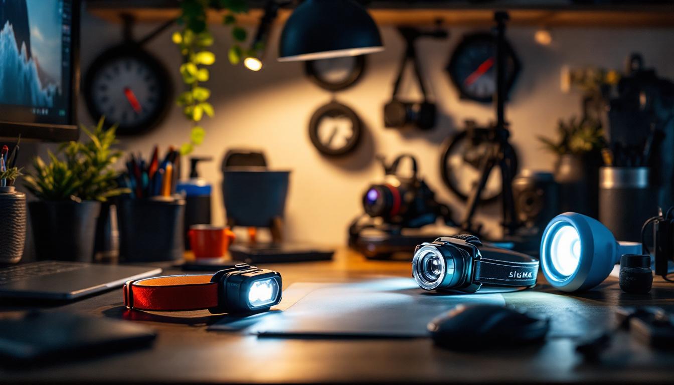 A photograph of a well-lit workspace featuring a variety of headlamps and lighting options