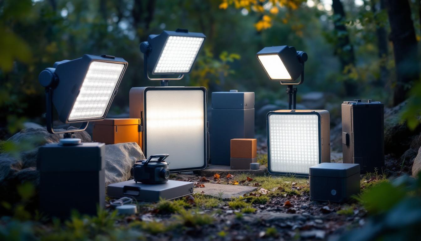 A photograph of a well-organized outdoor lighting setup featuring various types of box covers