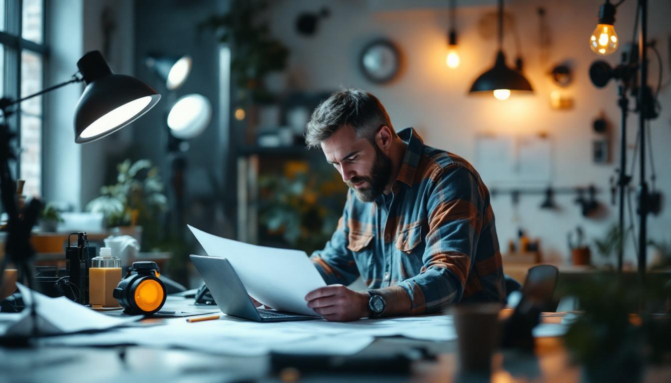 A photograph of a lighting engineer working intently on a lighting design project
