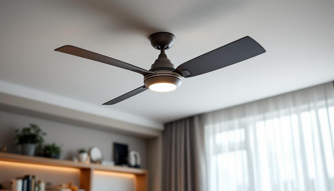 A photograph of a stylish modern ceiling fan installed in a contemporary living space