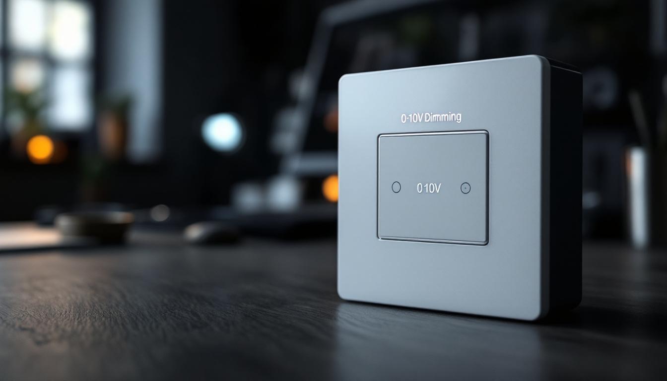 A photograph of a dimmable lighting control panel with a close-up of the 0-10v dimming interface