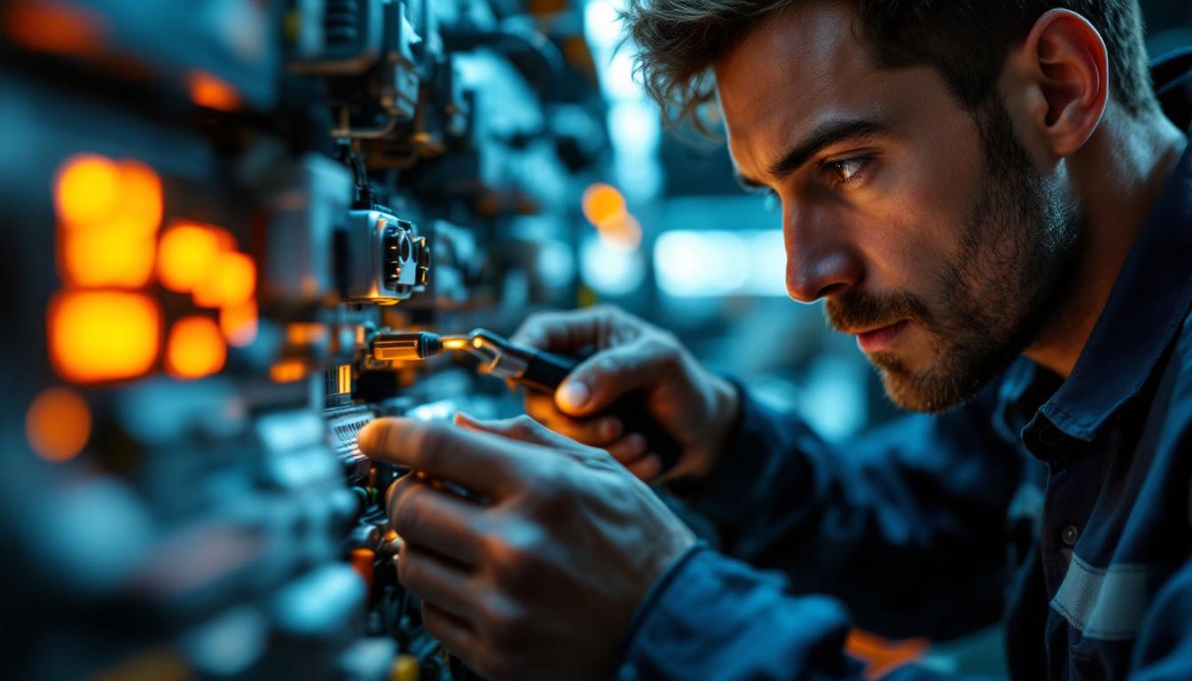 A photograph of a skilled electrical engineer working intently on a twistlock plug installation