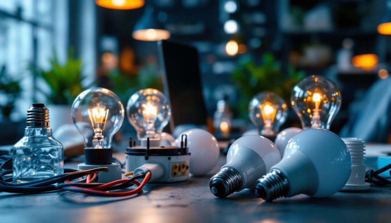 A photograph of a close-up view of a light fixture ballast alongside various types of light bulbs and wiring components