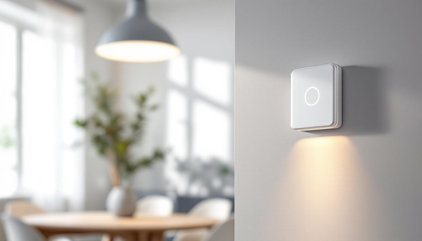 A photograph of a modern sensor switch installed on a stylish light fixture in a well-lit room