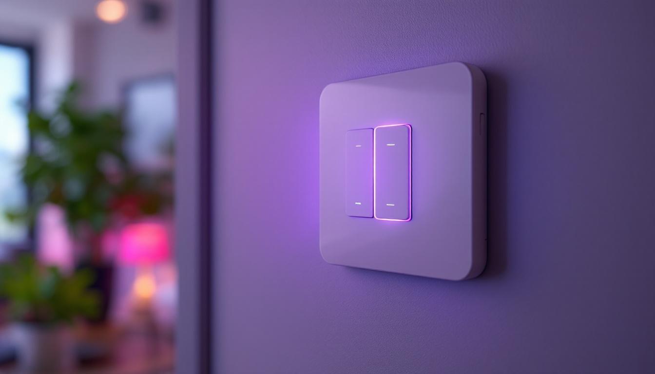 A photograph of a stylish and modern 4-way dimmer switch installed in a well-lit room