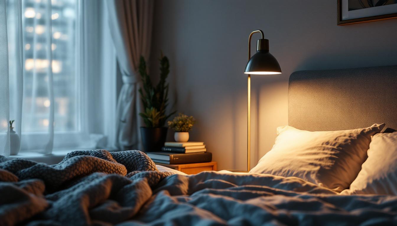 A photograph of a cozy bedroom scene featuring an elegant over bed lamp illuminating a stylish reading nook
