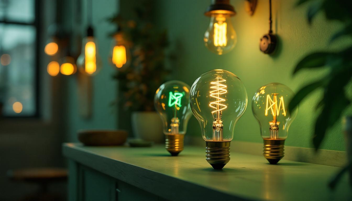 A photograph of a well-lit room showcasing various green creative light bulbs in use