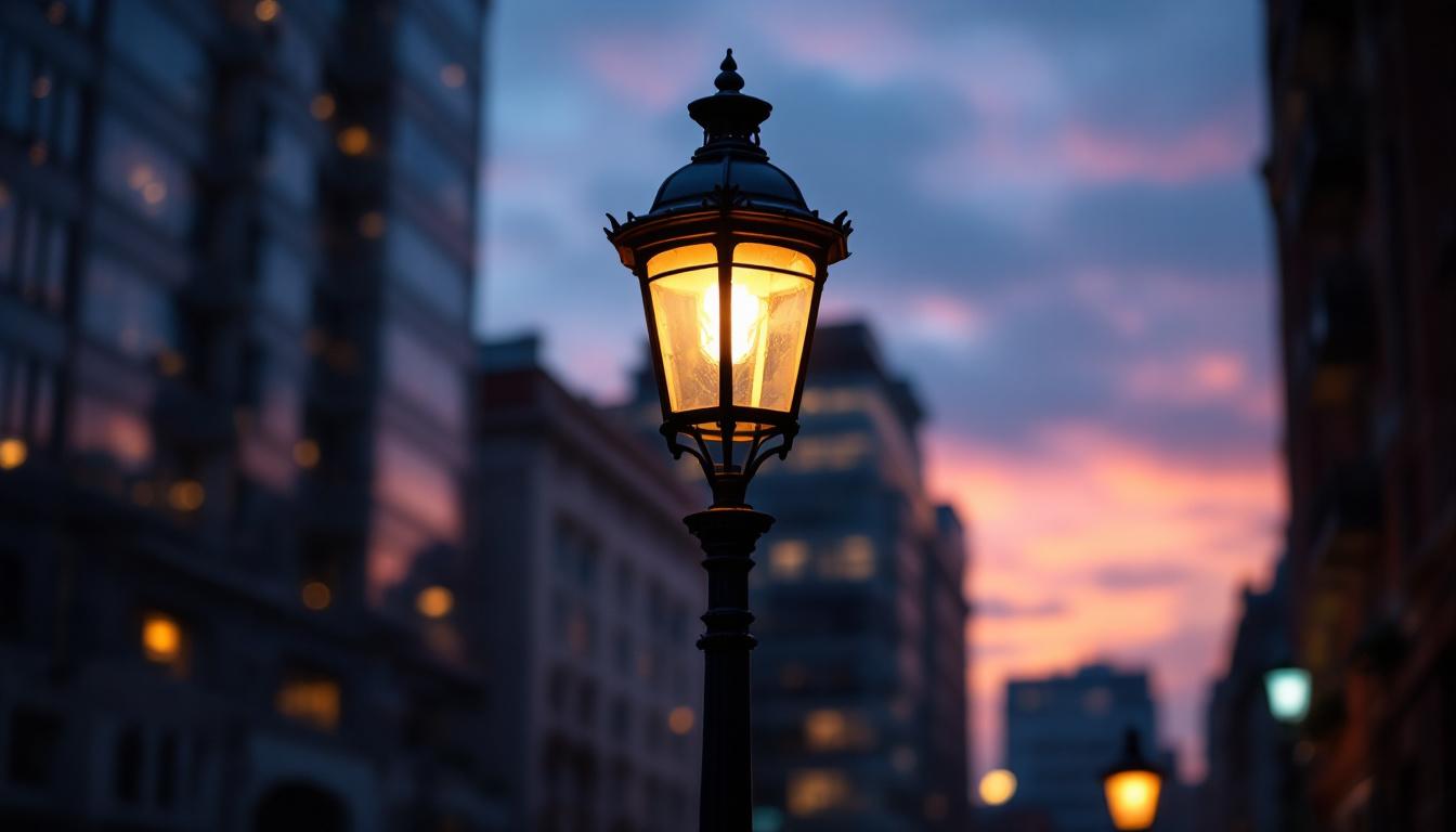 A photograph of an old gas street lamp illuminated at dusk