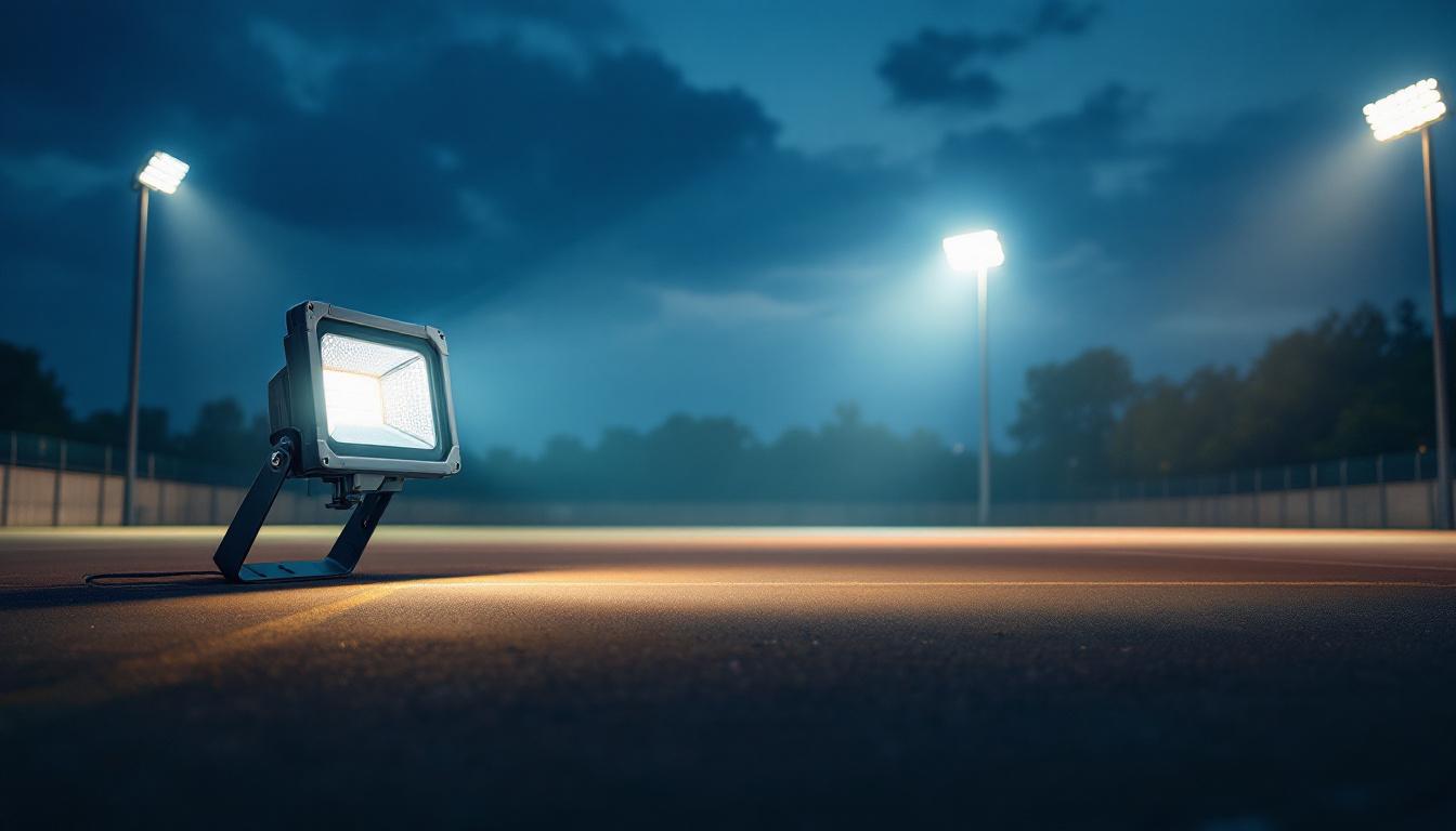 A photograph of a commercial flood light illuminating a large outdoor space