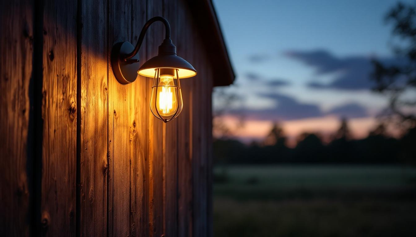 A photograph of a stylish black exterior barn light illuminating a rustic barn setting at dusk