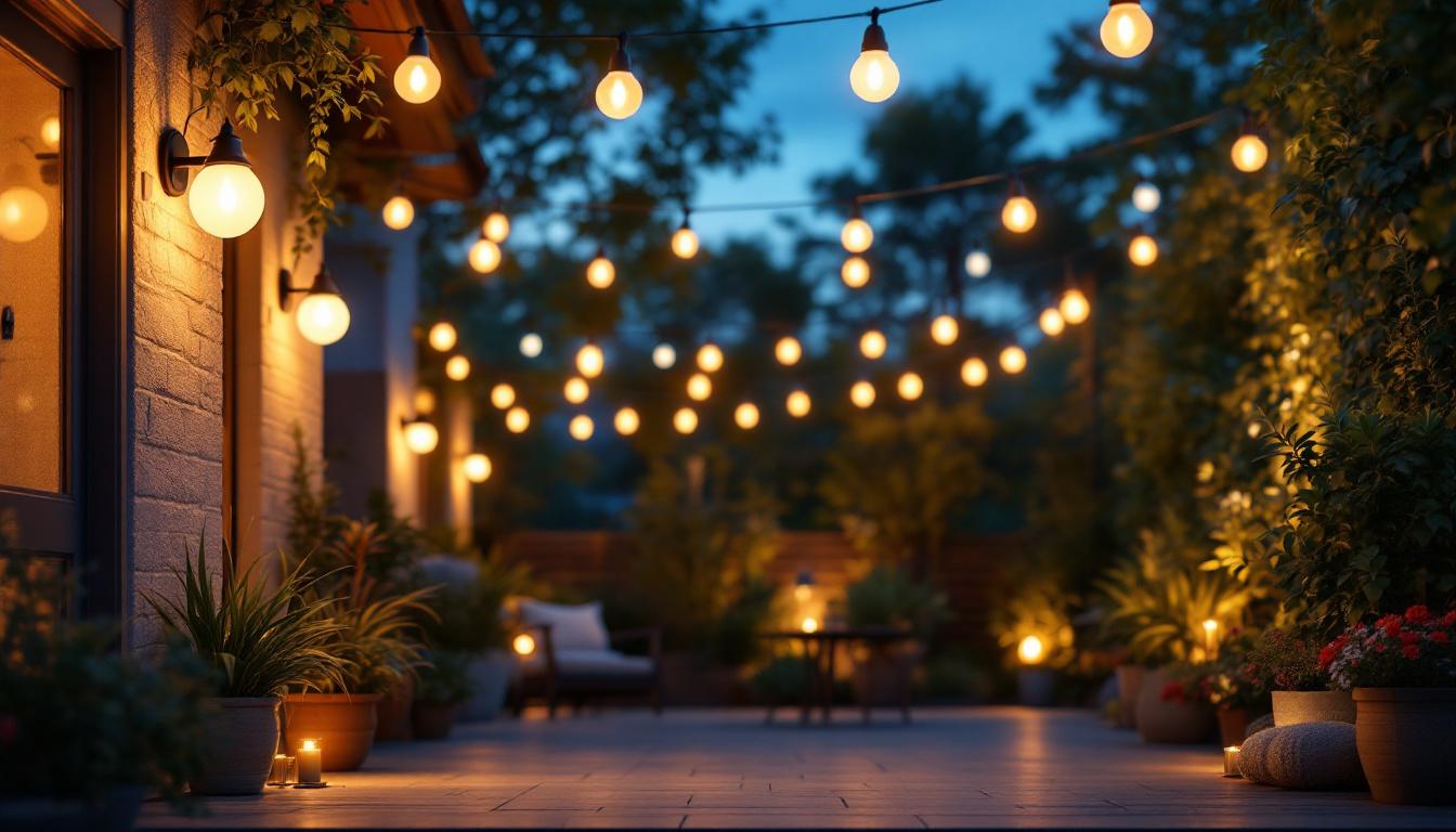A photograph of a beautifully lit outdoor space showcasing various types of sensor light bulbs installed in different fixtures