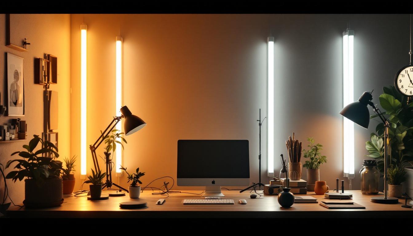 A photograph of a well-lit workspace featuring eight-foot led tubes in use