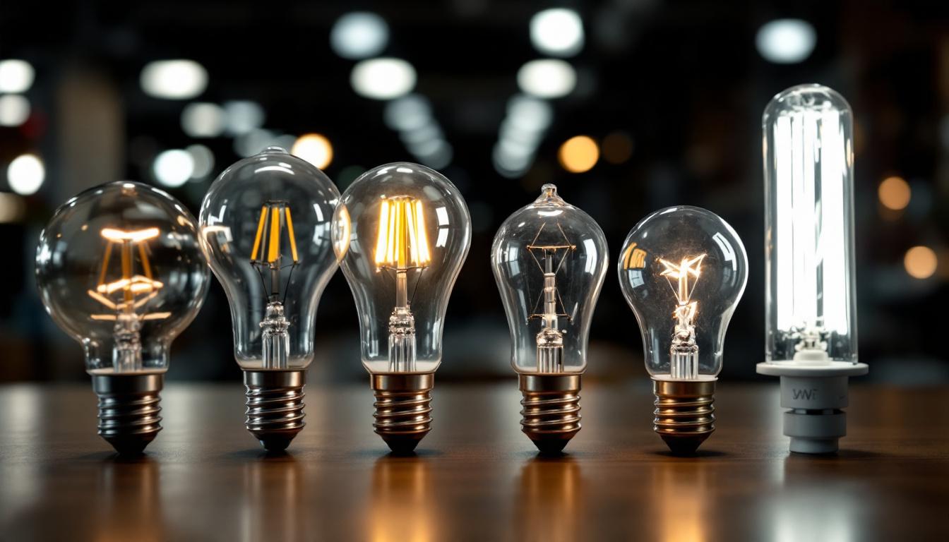 A photograph of a side-by-side comparison of various light bulbs and ballasts