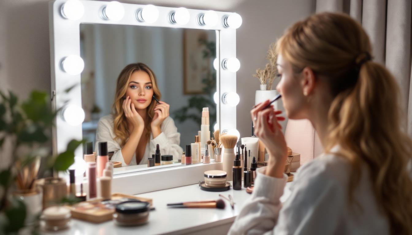 A photograph of a well-lit vanity setup featuring a makeup mirror with adjustable lighting