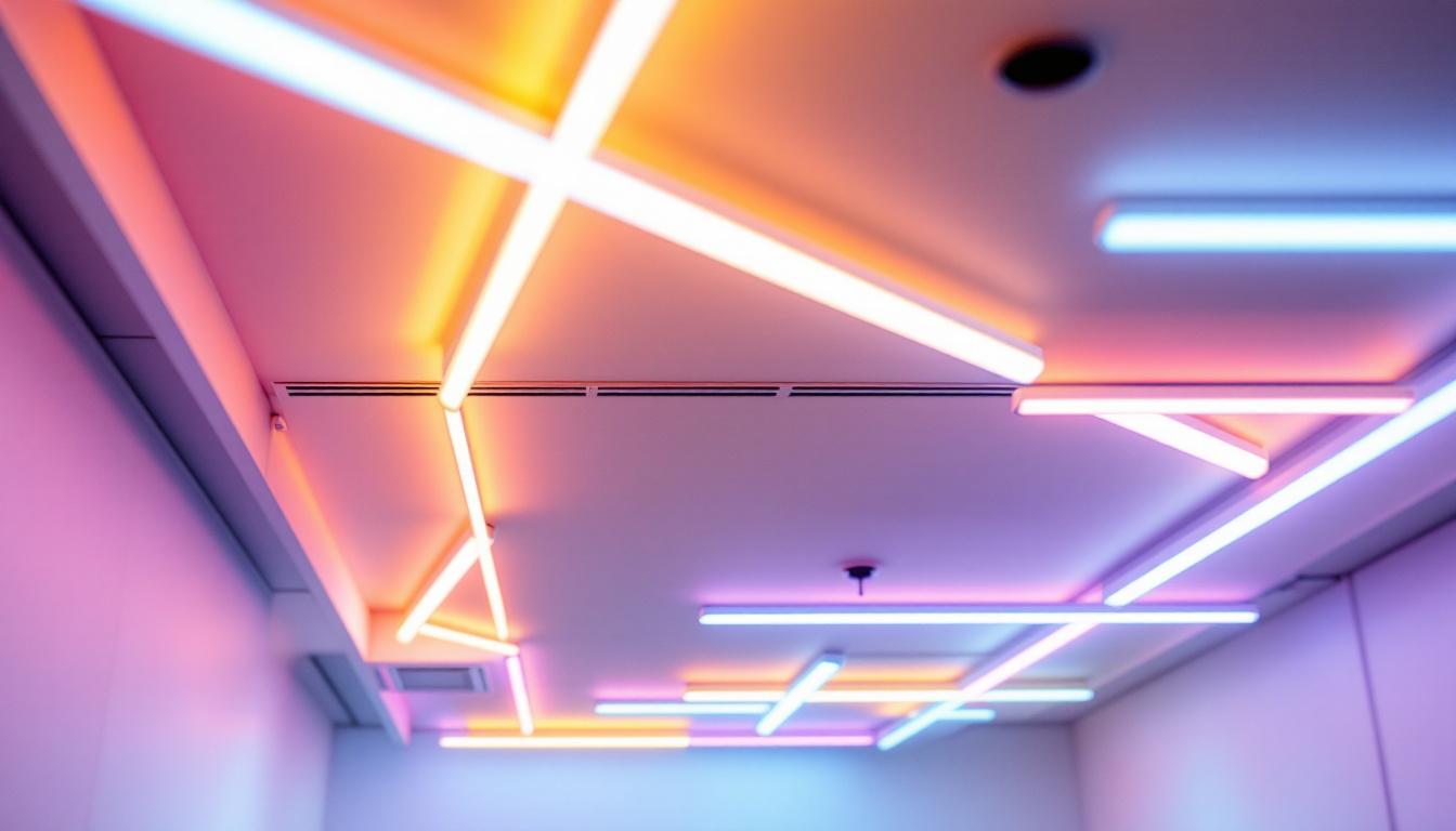 A photograph of a modern ceiling featuring sleek strip lights in various colors and designs