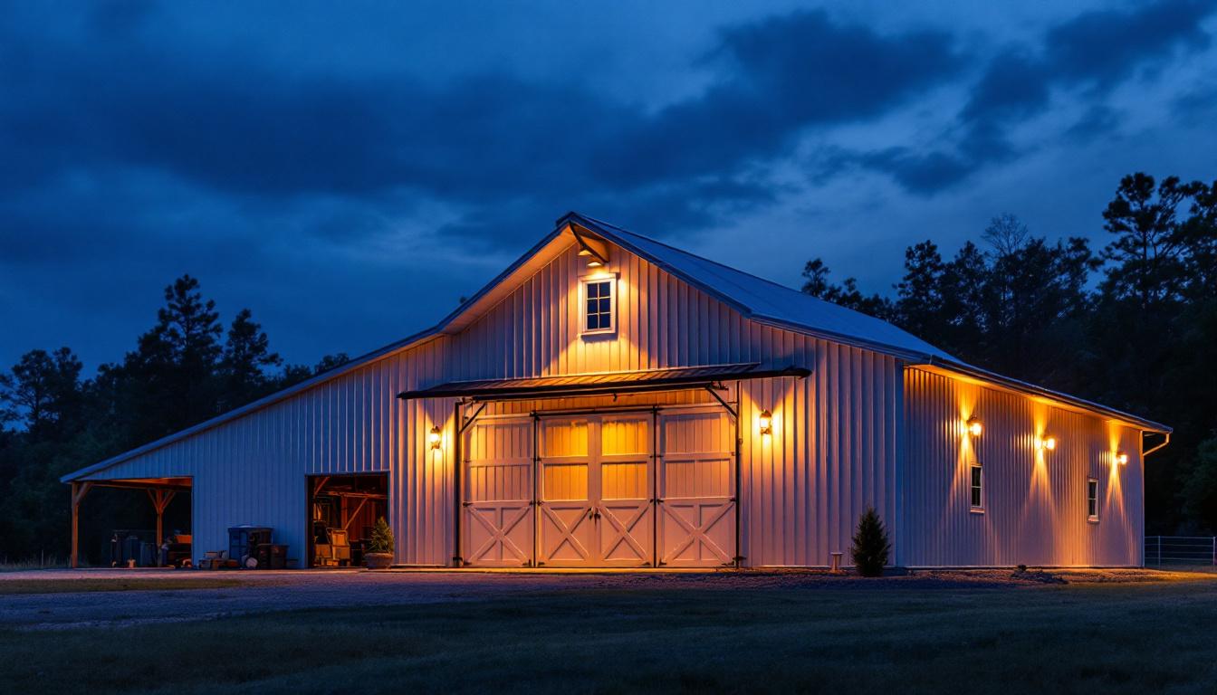 A photograph of a beautifully illuminated pole barn at dusk