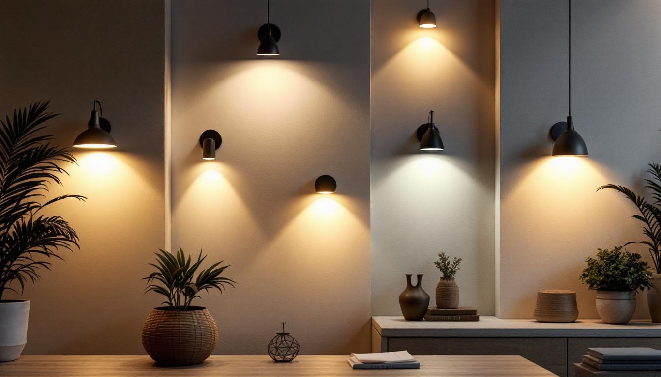 A photograph of a modern interior space featuring various styles of wall-mounted led lighting fixtures