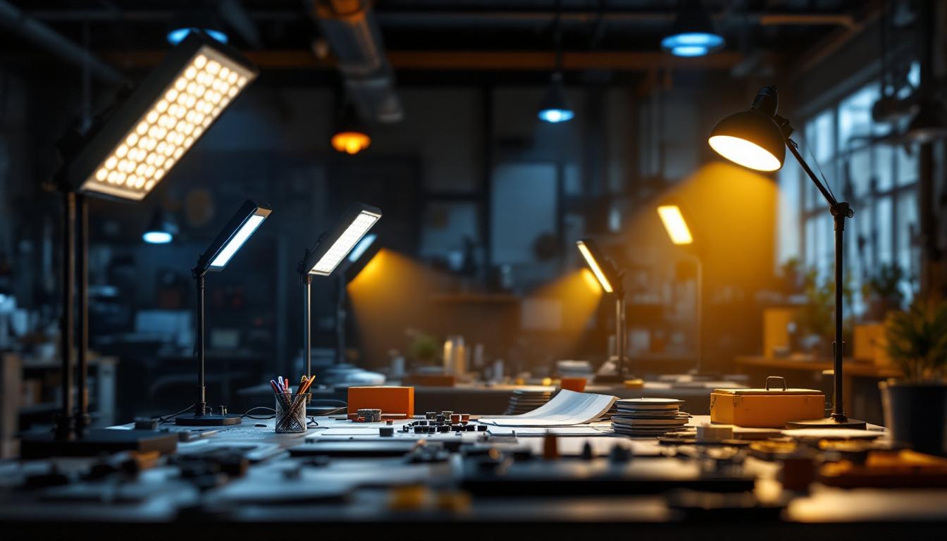 A photograph of a well-lit engineering workspace featuring a variety of led post top lights in use