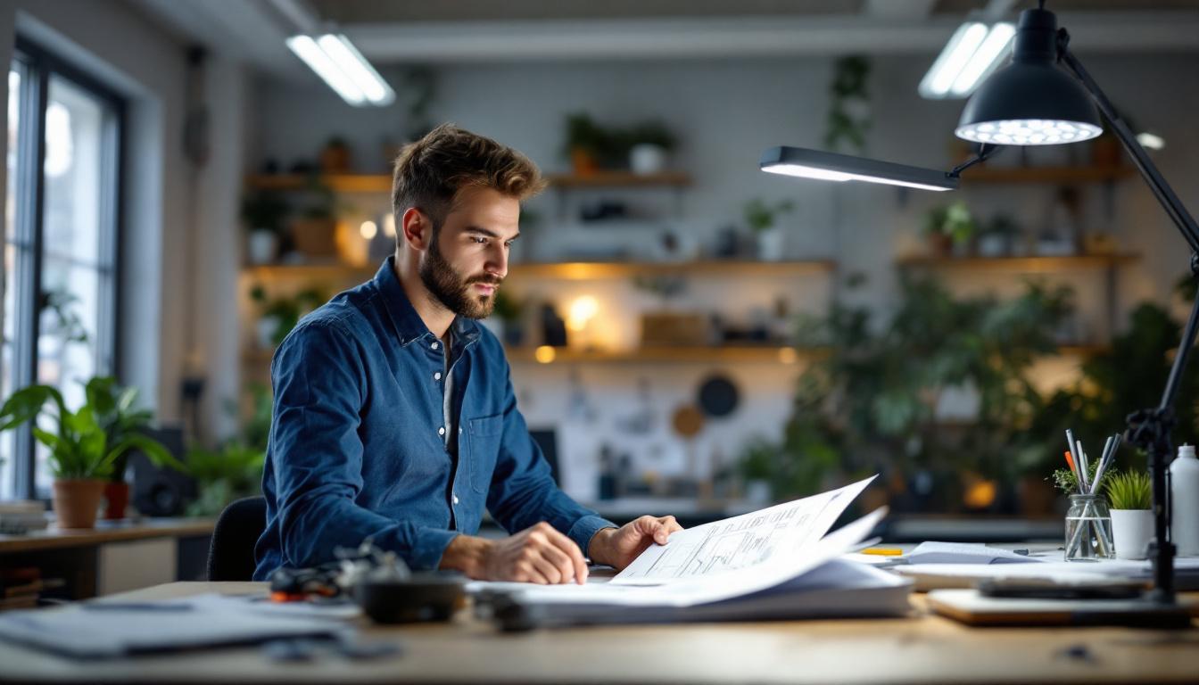 A photograph of a well-lit workspace featuring a 48-inch led light fixture in use
