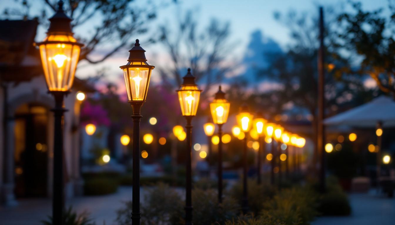 A photograph of a beautifully designed outdoor space illuminated by various light post bulbs