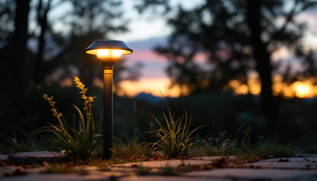 A photograph of a solar-powered led lamp in an outdoor setting