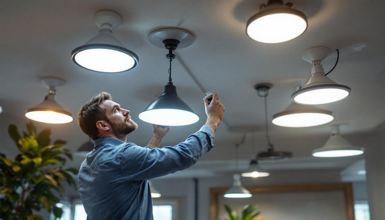 A photograph of a well-lit interior space showcasing various models of ge can lights installed in a ceiling