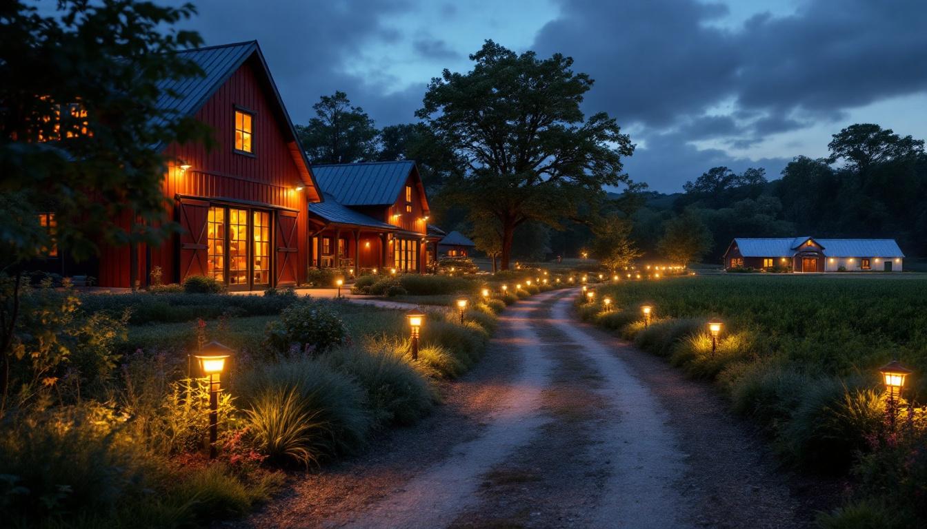 A photograph of a beautifully illuminated farm exterior at dusk