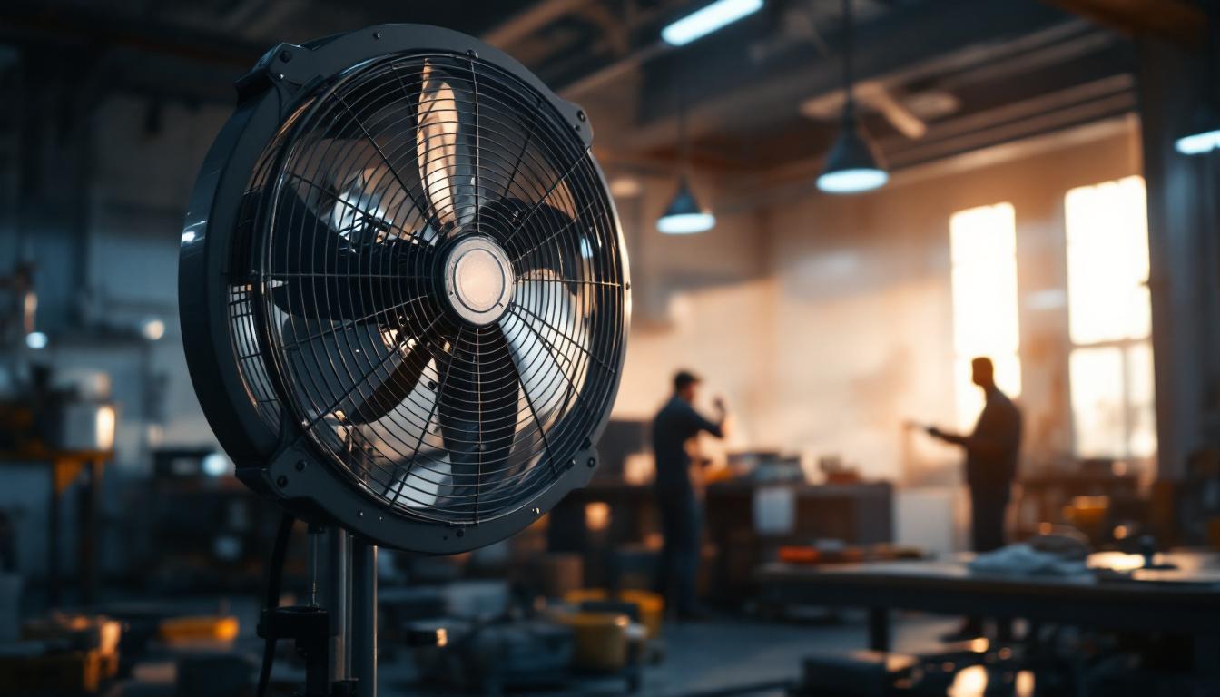 A photograph of a well-lit industrial workspace featuring a high-quality industrial fan in operation