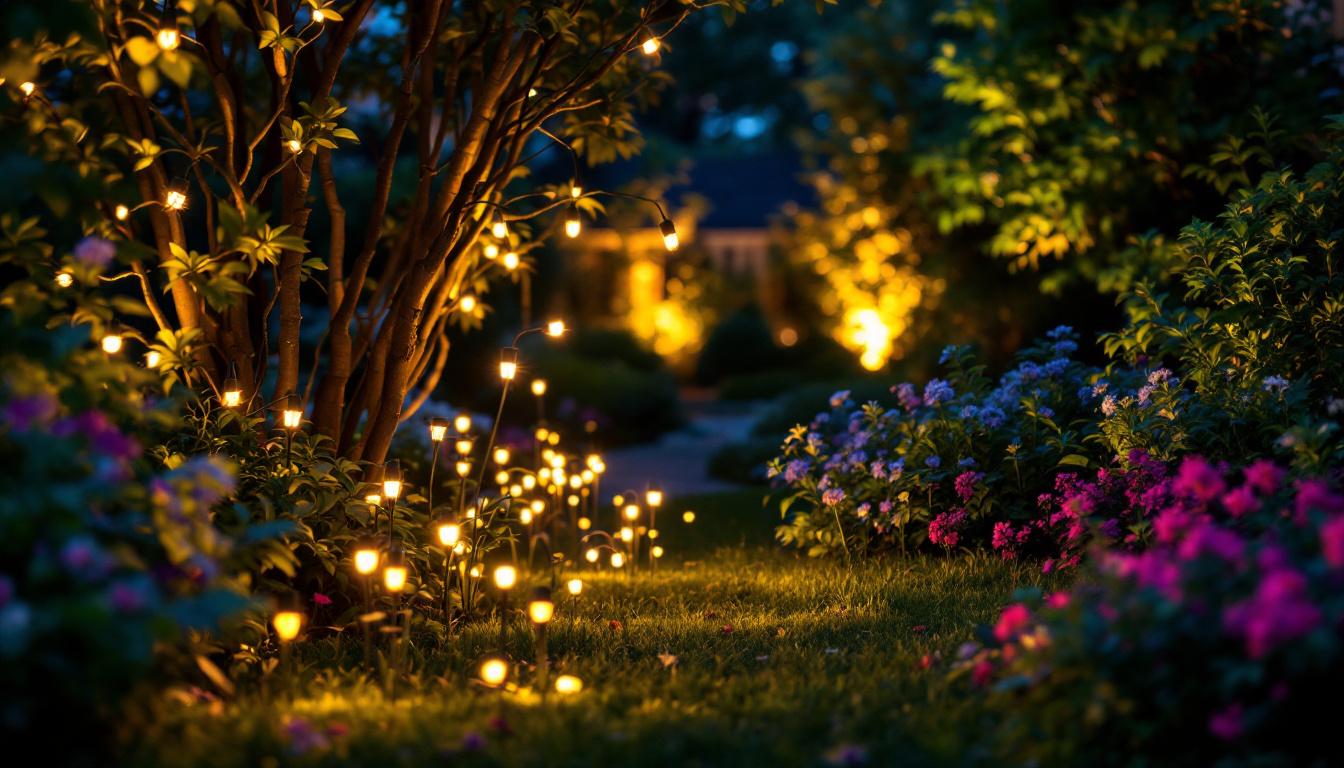 A photograph of a beautifully illuminated garden at dusk
