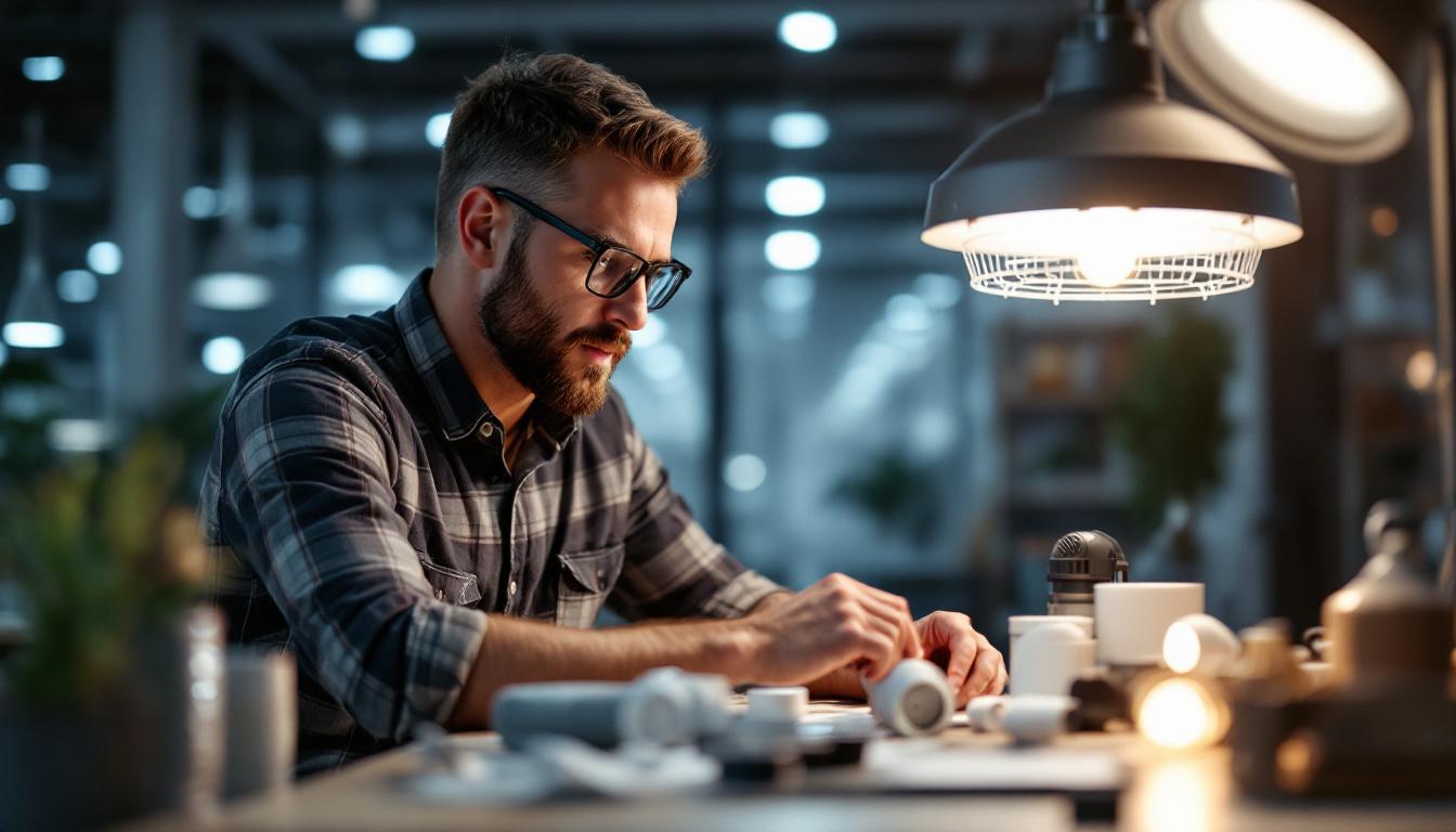 A photograph of a skilled electrical engineer examining a variety of lighting fixtures in a modern