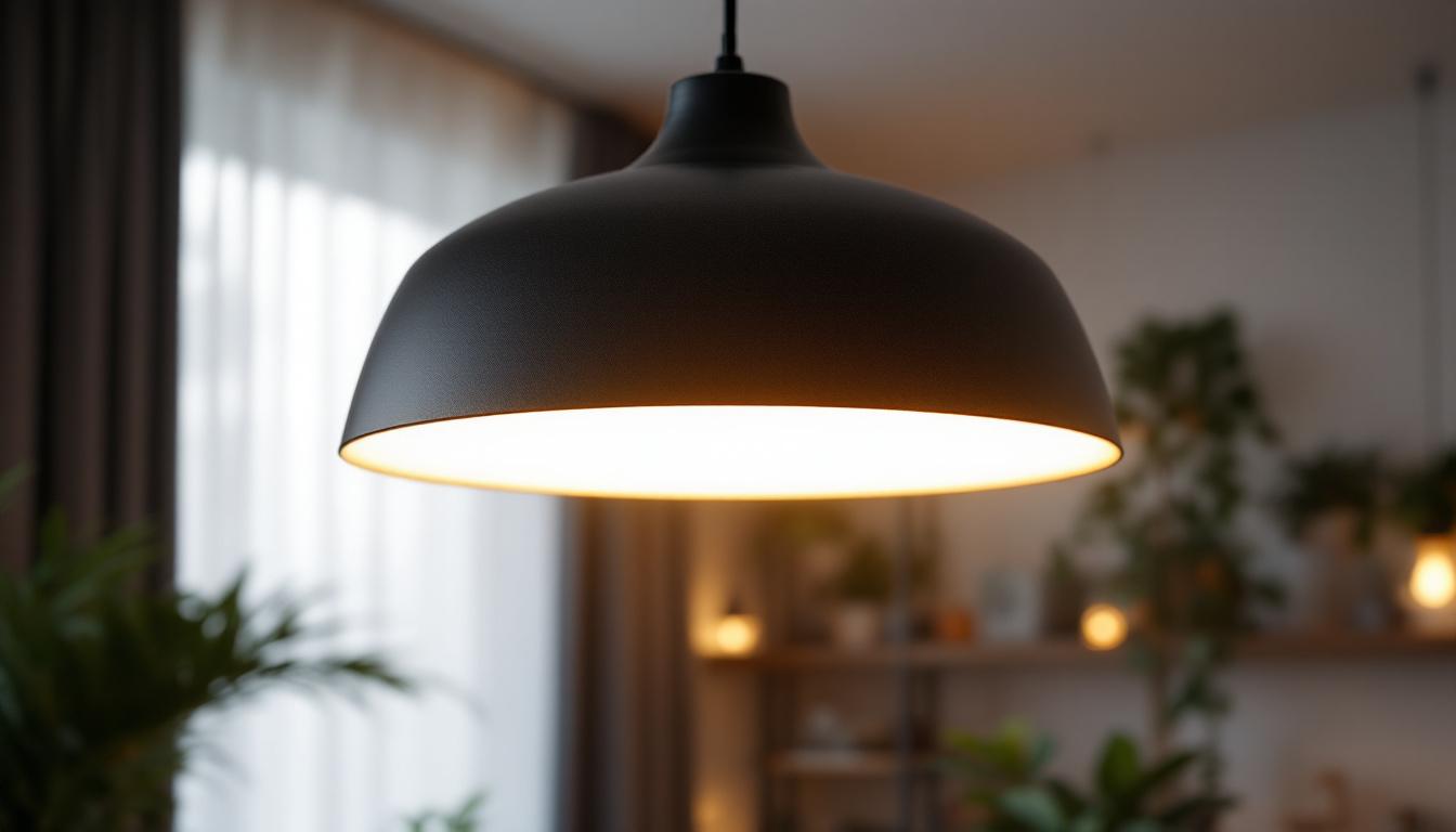 A photograph of a stylish flat pendant light hanging in a modern interior setting