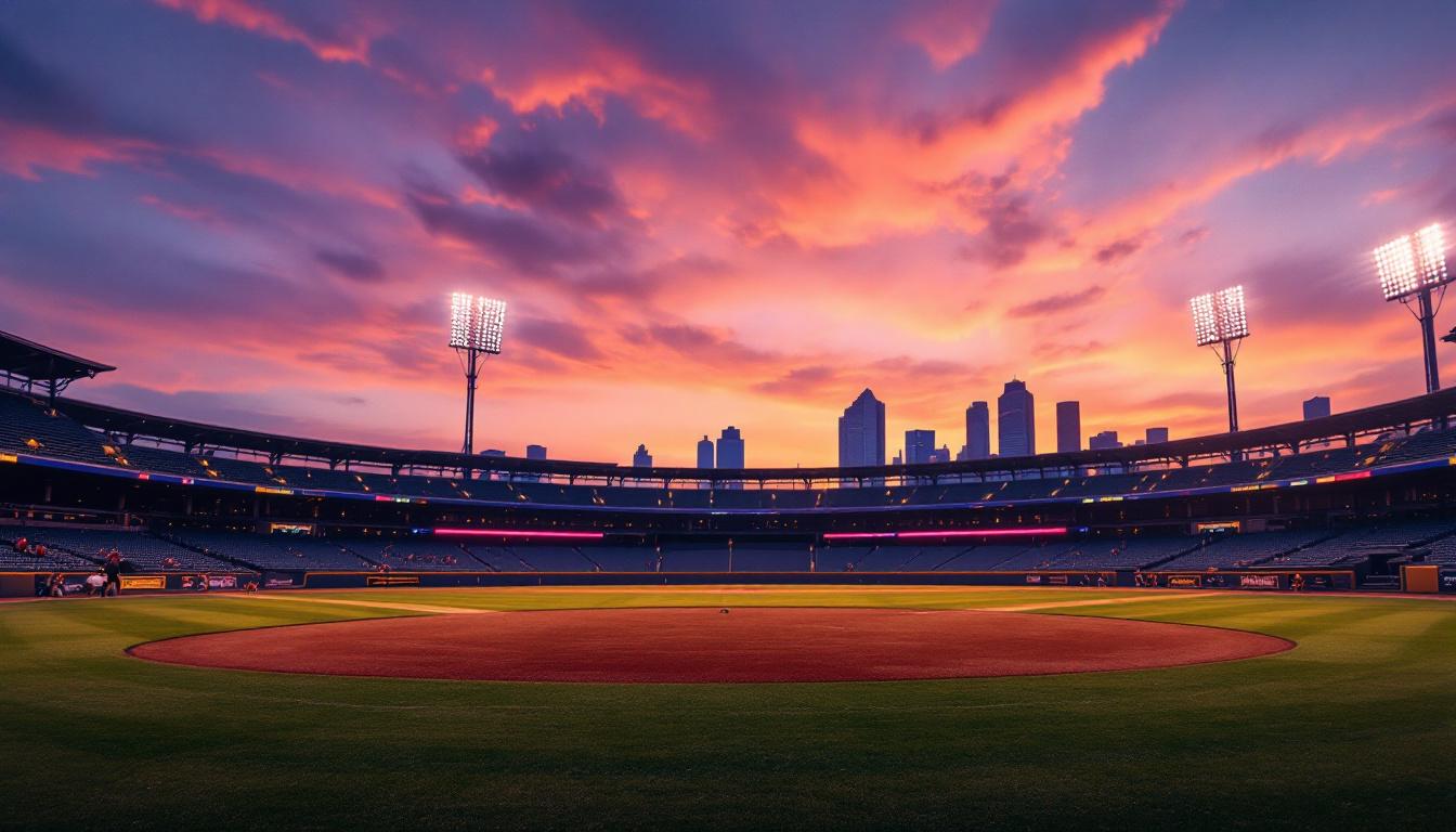 A photograph of a dynamic baseball field illuminated by led lighting at dusk