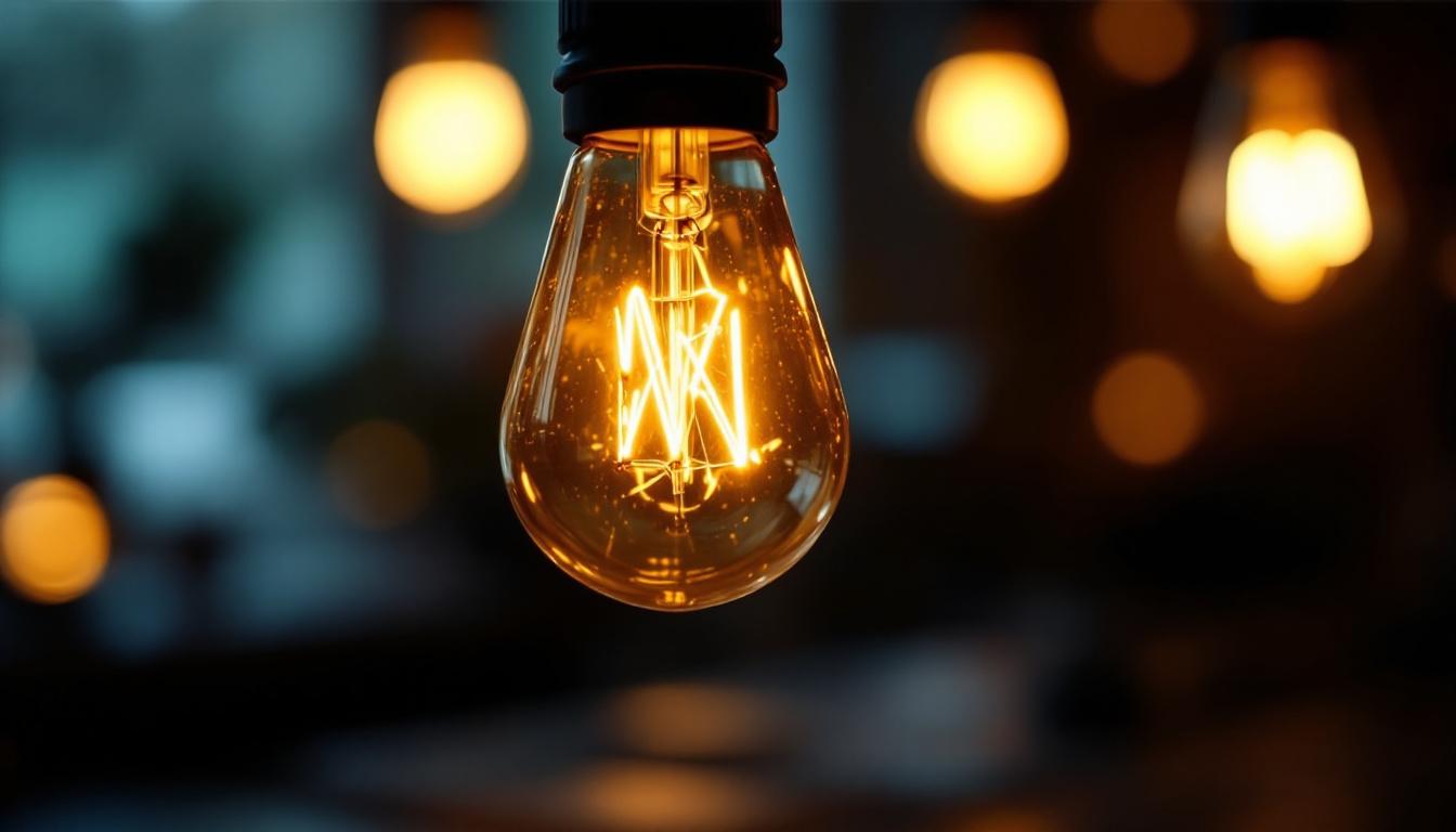 A photograph of a close-up shot of a flickering light bulb in a dimly lit setting