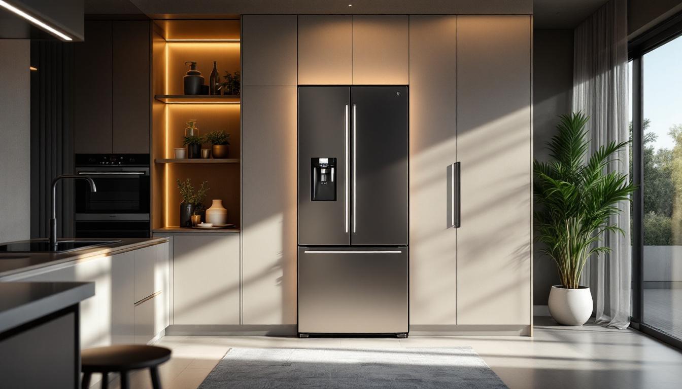 A photograph of a sleek 5-foot refrigerator integrated into a modern kitchen setting