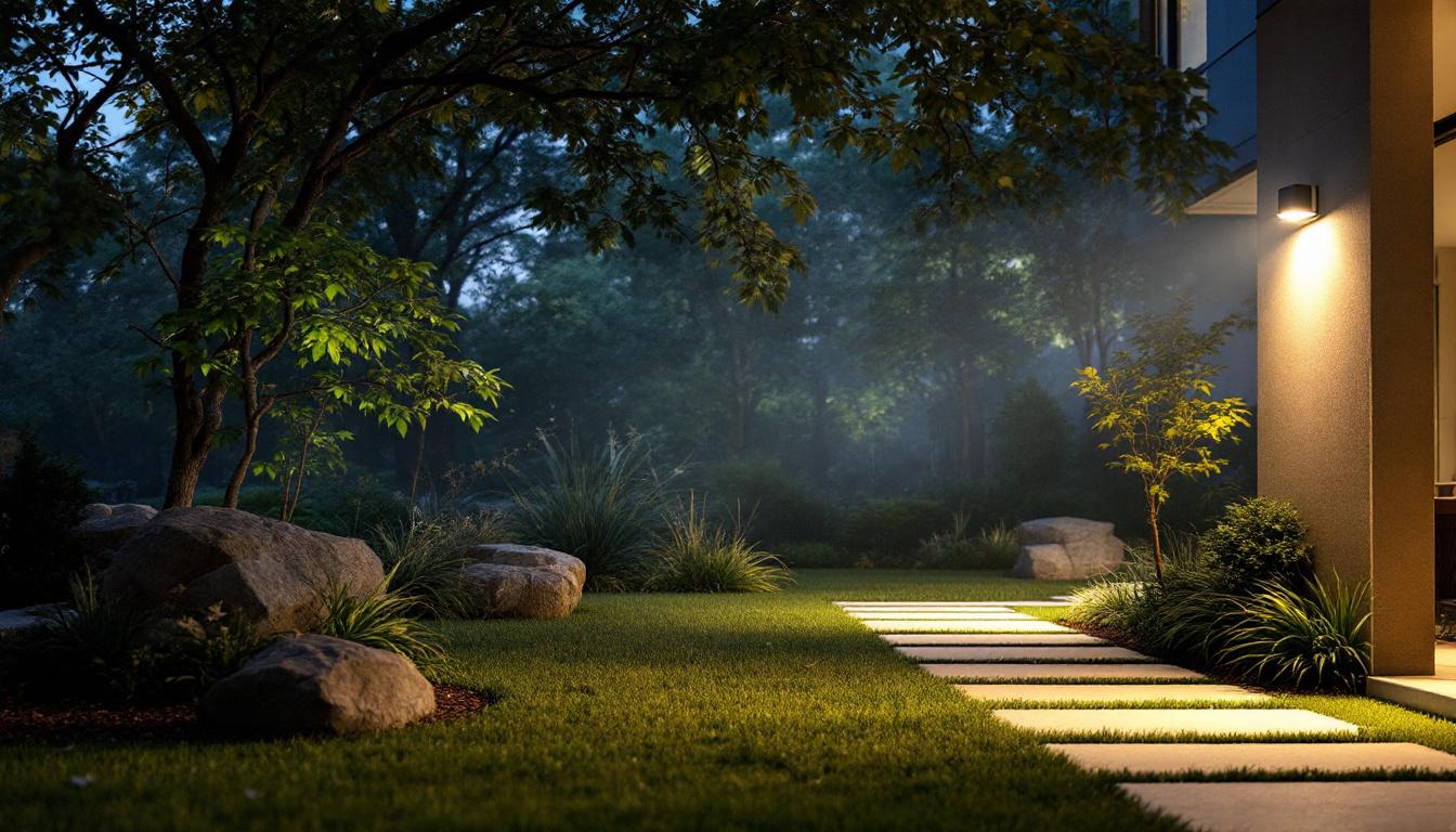 A photograph of a well-illuminated outdoor space featuring motion sensor lights in action