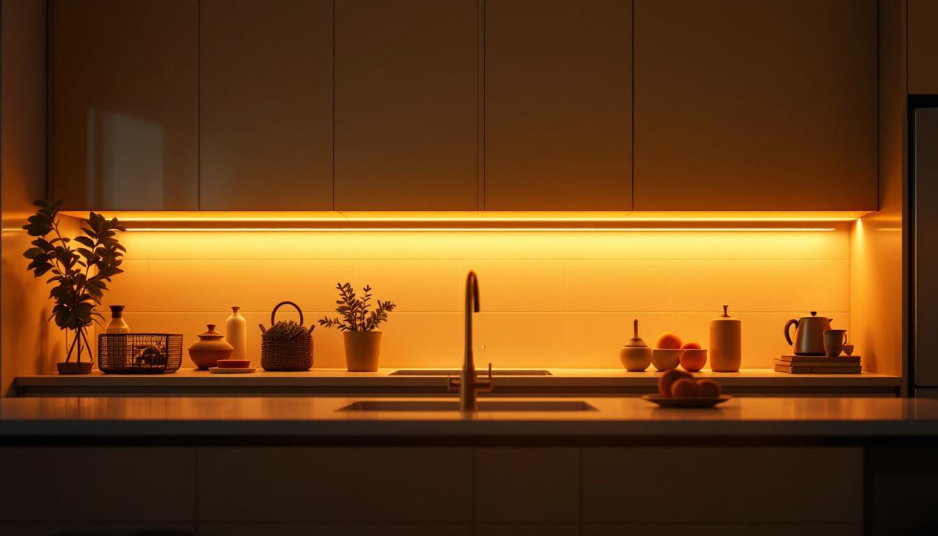 A photograph of a beautifully lit kitchen featuring stylish under cabinet lighting